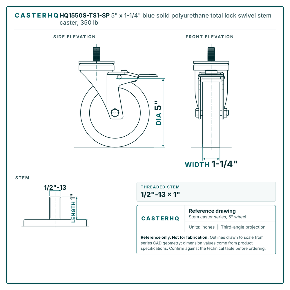 HQ1550S-TS1-SP 5" x 1-1/4" blue solid polyurethane total lock swivel stem caster, 350 lb reference drawing, 1/2"-13 x 1" threaded stem, side, front and stem views with dimensions