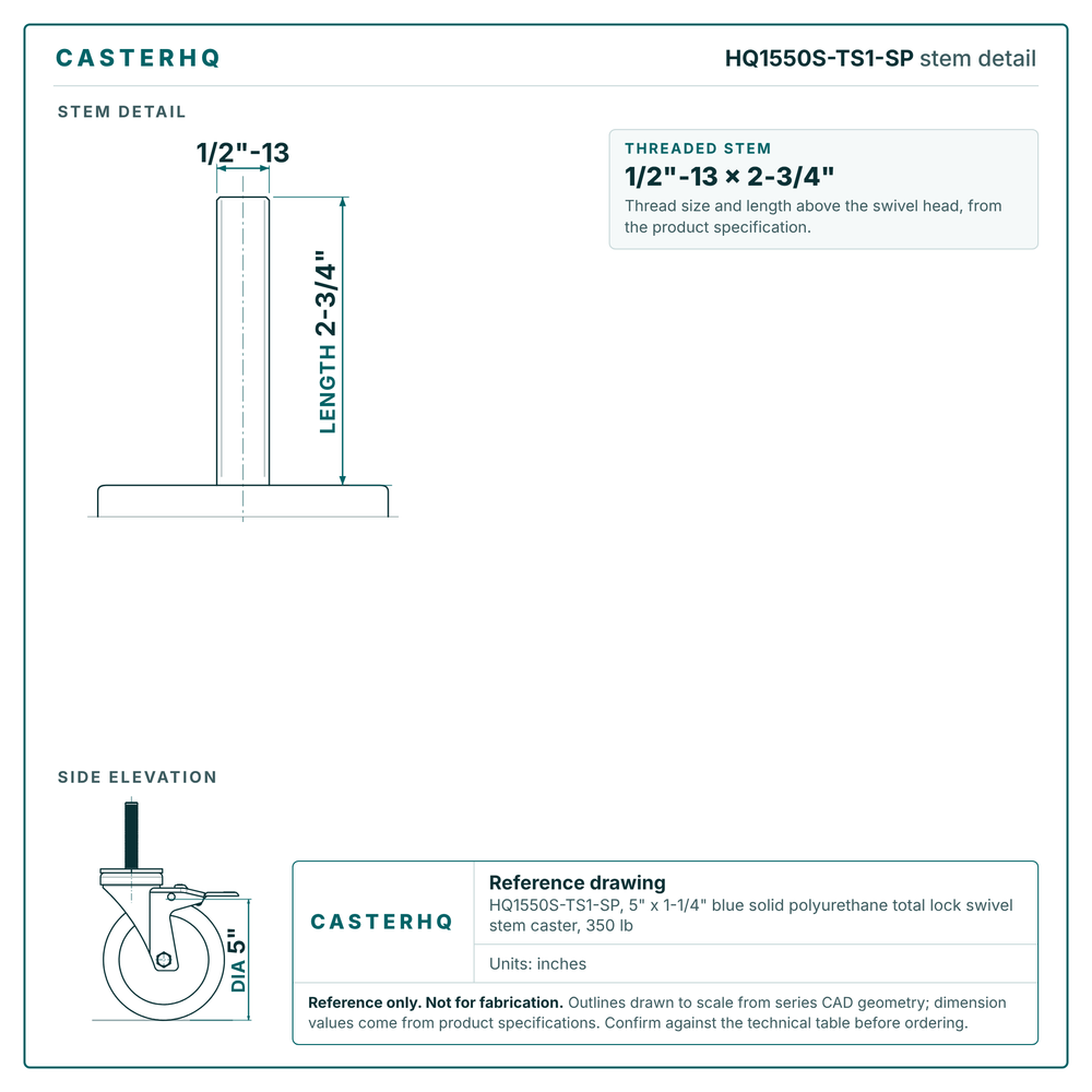 HQ1550S-TS1-SP stem detail drawing, threaded stem 1/2"-13 x 2-3/4"