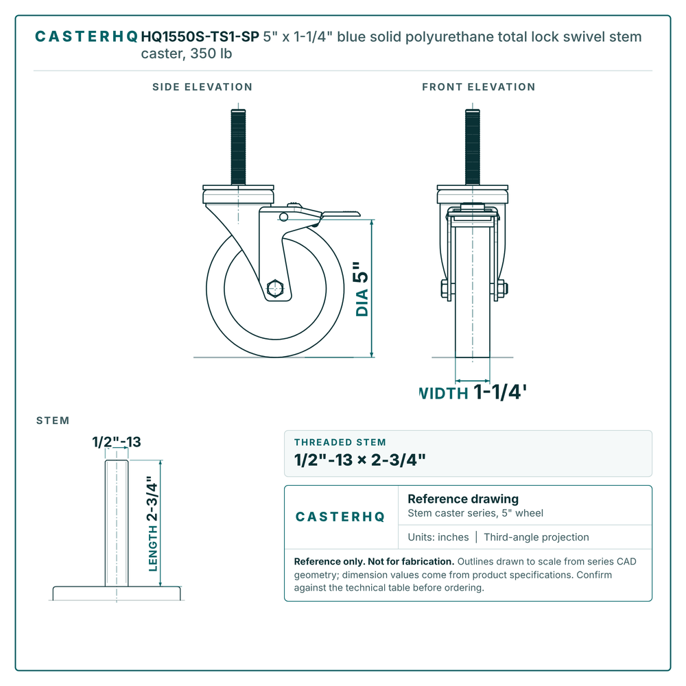 HQ1550S-TS1-SP 5" x 1-1/4" blue solid polyurethane total lock swivel stem caster, 350 lb reference drawing, 1/2"-13 x 2-3/4" threaded stem, side, front and stem views with dimensions