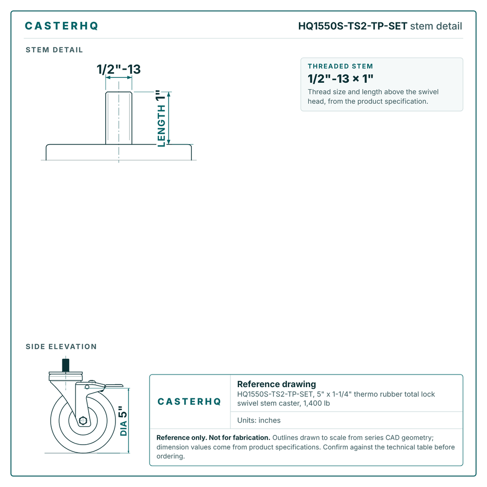 HQ1550S-TS2-TP-SET stem detail drawing, threaded stem 1/2"-13 x 1"