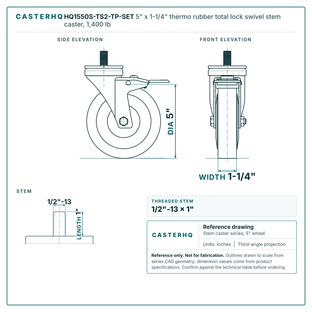 HQ1550S-TS2-TP-SET 5" x 1-1/4" thermo rubber total lock swivel stem caster, 1,400 lb reference drawing, 1/2"-13 x 1" threaded stem, side, front and stem views with dimensions