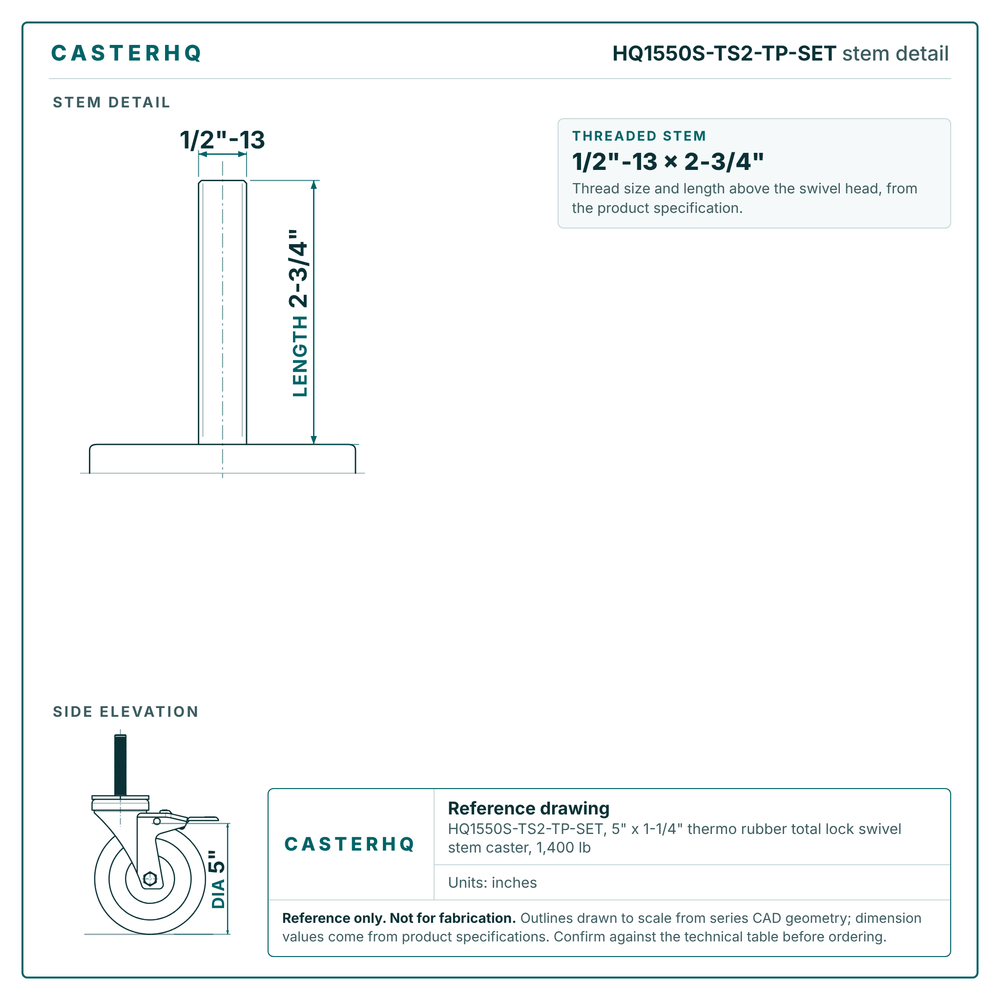 HQ1550S-TS2-TP-SET stem detail drawing, threaded stem 1/2"-13 x 2-3/4"