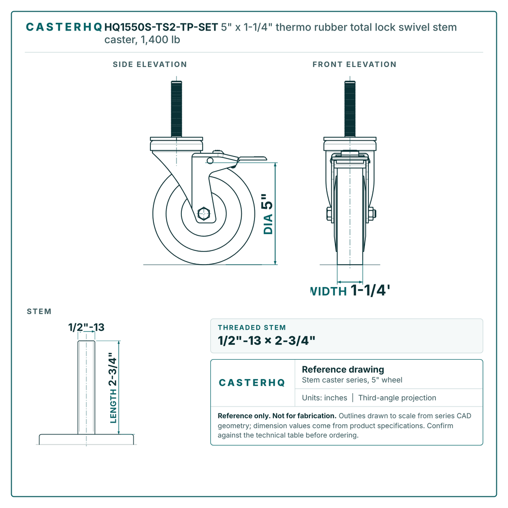 HQ1550S-TS2-TP-SET 5" x 1-1/4" thermo rubber total lock swivel stem caster, 1,400 lb reference drawing, 1/2"-13 x 2-3/4" threaded stem, side, front and stem views with dimensions