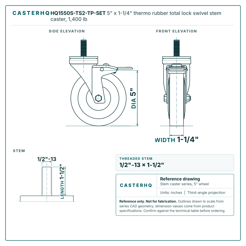 5" x 1-1/4" thermo rubber total lock swivel stem caster reference drawing, side, front and top plate views with dimensions