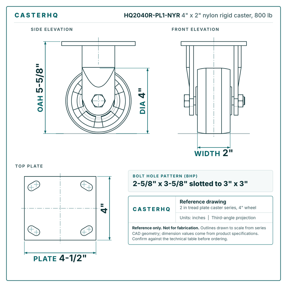 HQ2040R-PL1-NYR 4 x 2 in nylon rigid caster reference drawing, side, front and top plate views with dimensions