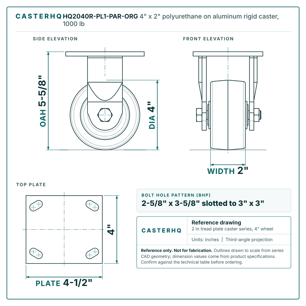 HQ2040R-PL1-PAR-ORG 4 x 2 in polyurethane on aluminum rigid caster reference drawing, side, front and top plate views with dimensions