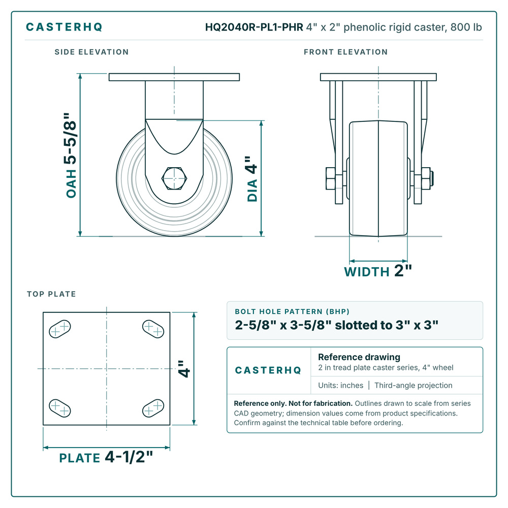 HQ2040R-PL1-PHR 4 x 2 in phenolic rigid caster reference drawing, side, front and top plate views with dimensions