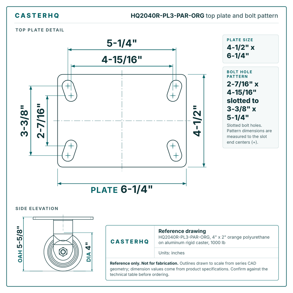 HQ2040R-PL3-PAR-ORG top plate bolt pattern drawing, 4-1/2 x 6-1/4 in plate, slotted bolt holes