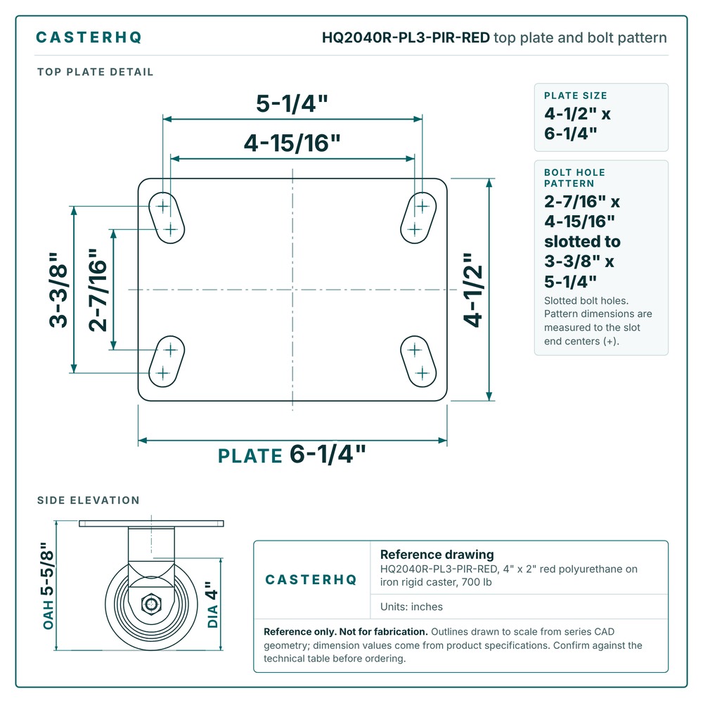 HQ2040R-PL3-PIR-RED top plate bolt pattern drawing, 4-1/2 x 6-1/4 in plate, slotted bolt holes