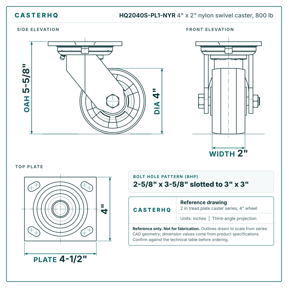 HQ2040S-PL1-NYR 4 x 2 in nylon swivel caster reference drawing, side, front and top plate views with dimensions
