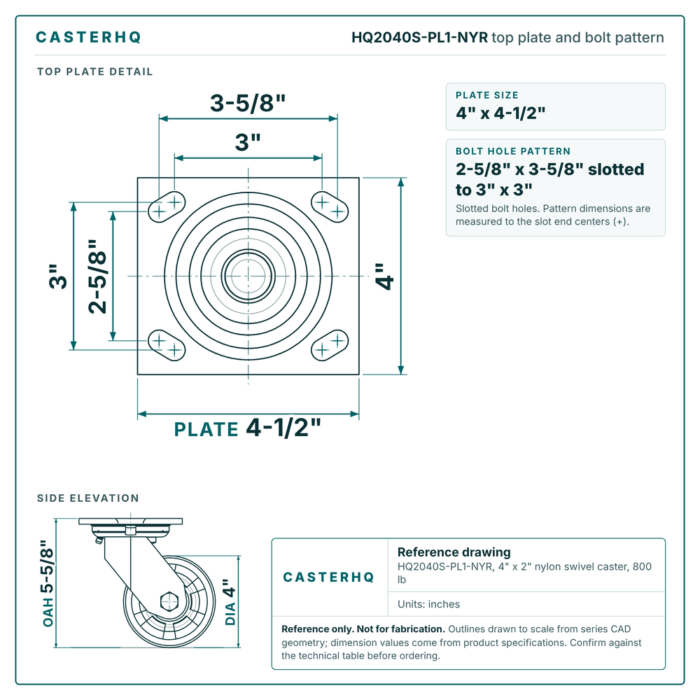 HQ2040S-PL1-NYR top plate bolt pattern drawing, 4 x 4-1/2 in plate, slotted bolt holes