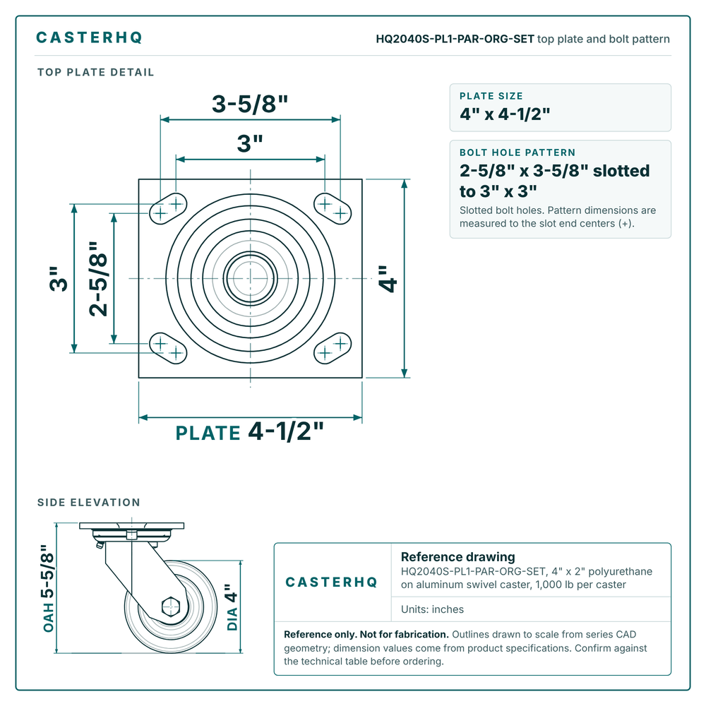HQ2040S-PL1-PAR-ORG-SET top plate bolt pattern drawing, 4 x 4-1/2 in plate, slotted bolt holes