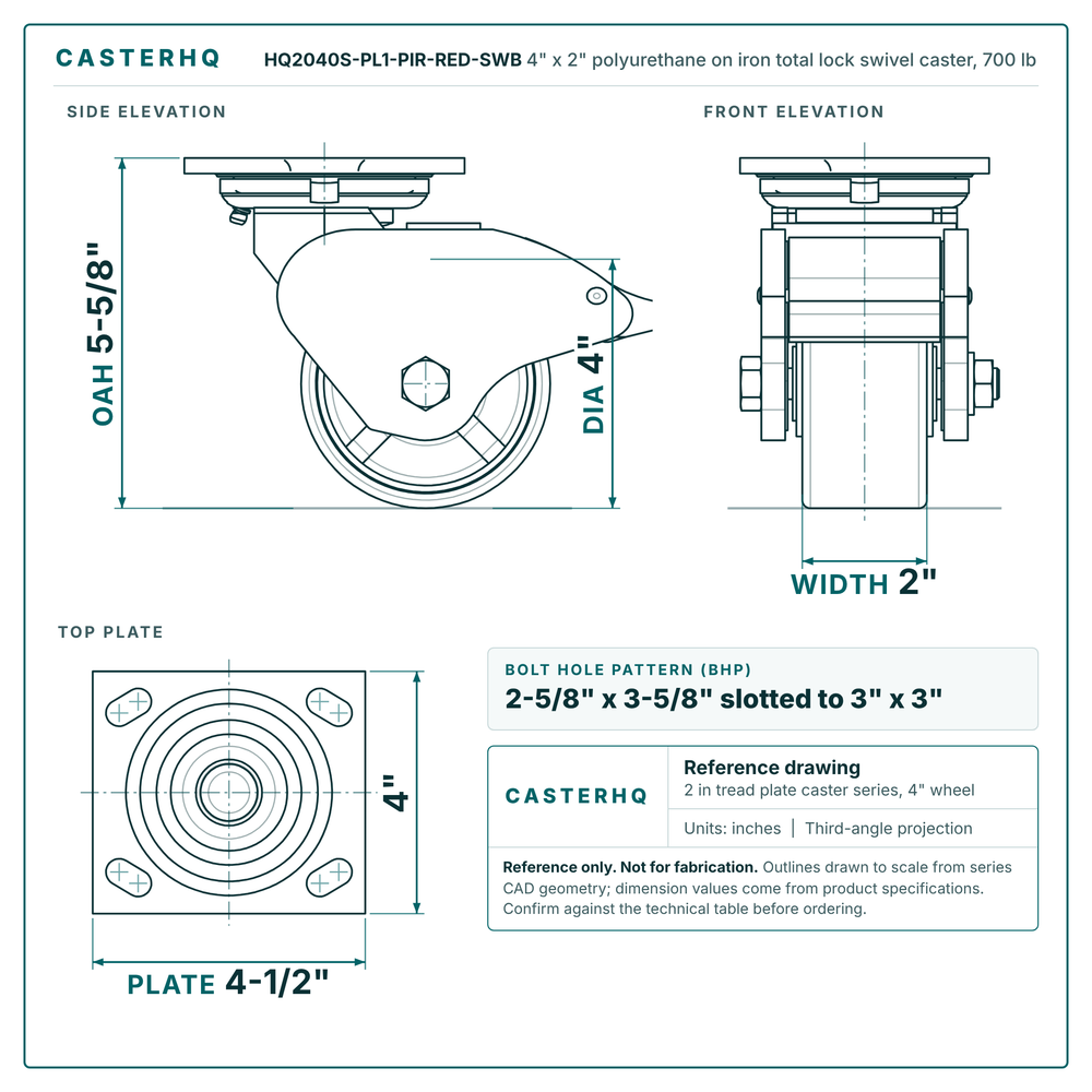 HQ2040S-PL1-PIR-RED-SWB 4 x 2 in polyurethane on iron total lock swivel caster reference drawing, side, front and top plate views with dimensions