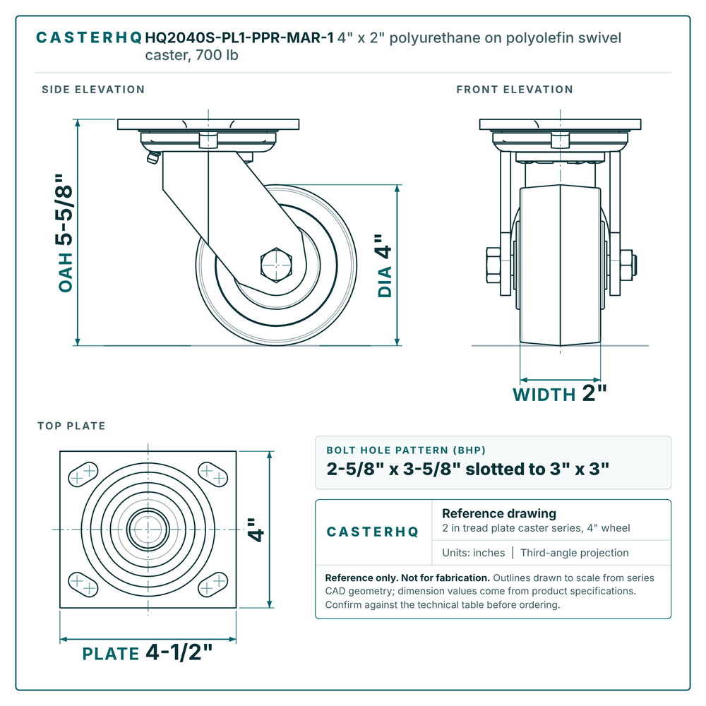 HQ2040S-PL1-PPR-MAR-1 4 x 2 in polyurethane on polyolefin swivel caster reference drawing, side, front and top plate views with dimensions