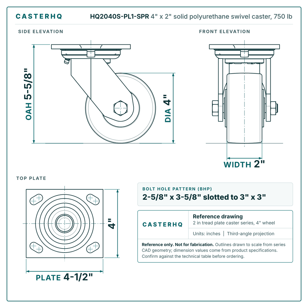 HQ2040S-PL1-SPR 4 x 2 in solid polyurethane swivel caster reference drawing, side, front and top plate views with dimensions