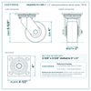 HQ2040S-PL1-SPR 4 x 2 in solid polyurethane swivel caster reference drawing, side, front and top plate views with dimensions