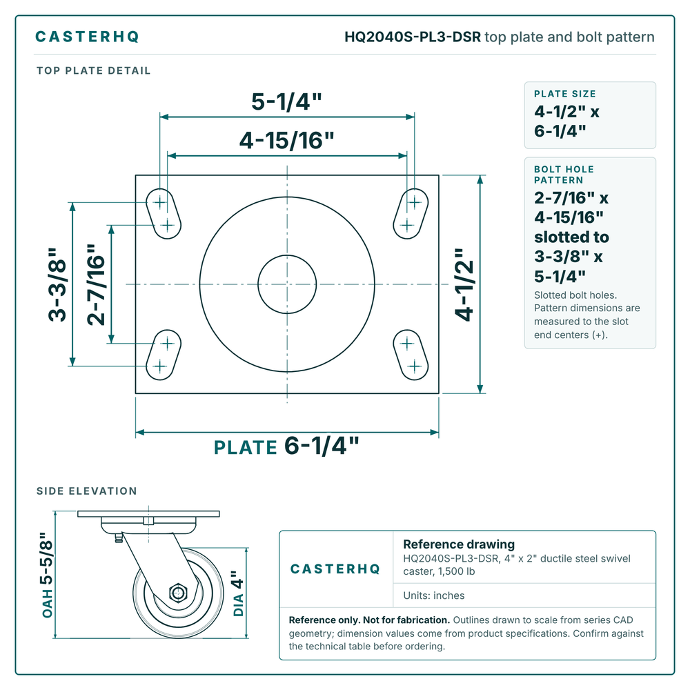 HQ2040S-PL3-DSR top plate bolt pattern drawing, 4-1/2 x 6-1/4 in plate, slotted bolt holes