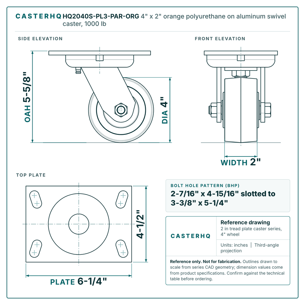 HQ2040S-PL3-PAR-ORG 4 x 2 in orange polyurethane on aluminum swivel caster reference drawing, side, front and top plate views with dimensions