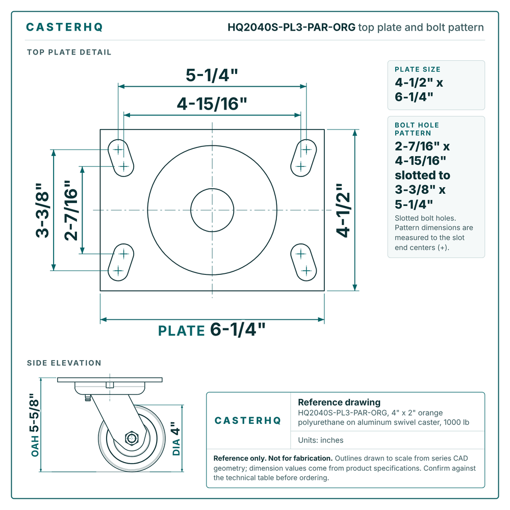 HQ2040S-PL3-PAR-ORG top plate bolt pattern drawing, 4-1/2 x 6-1/4 in plate, slotted bolt holes