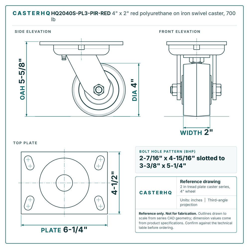 HQ2040S-PL3-PIR-RED 4 x 2 in red polyurethane on iron swivel caster reference drawing, side, front and top plate views with dimensions