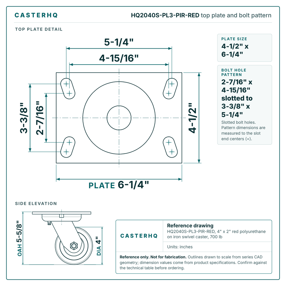 HQ2040S-PL3-PIR-RED top plate bolt pattern drawing, 4-1/2 x 6-1/4 in plate, slotted bolt holes