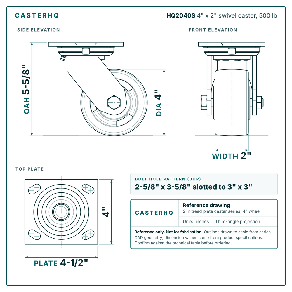 HQ2040S 4 x 2 in swivel caster reference drawing, side, front and top plate views with dimensions