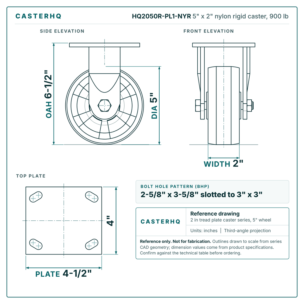 HQ2050R-PL1-NYR 5 x 2 in nylon rigid caster reference drawing, side, front and top plate views with dimensions