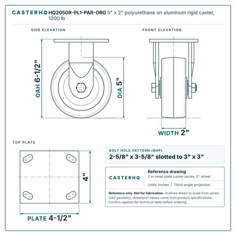 HQ2050R-PL1-PAR-ORG 5 x 2 in polyurethane on aluminum rigid caster reference drawing, side, front and top plate views with dimensions