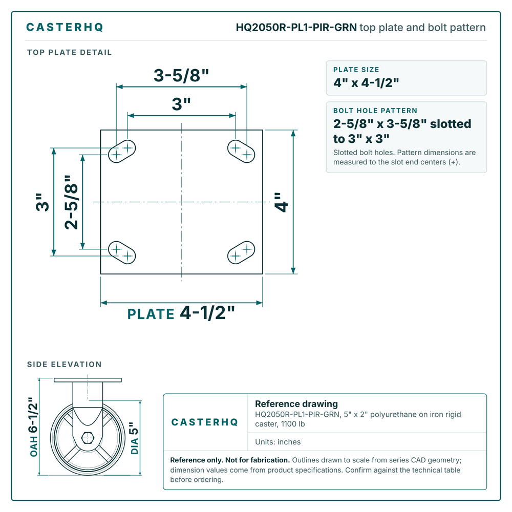 HQ2050R-PL1-PIR-GRN top plate bolt pattern drawing, 4 x 4-1/2 in plate, slotted bolt holes