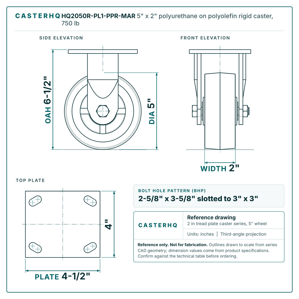 HQ2050R-PL1-PPR-MAR 5 x 2 in polyurethane on polyolefin rigid caster reference drawing, side, front and top plate views with dimensions