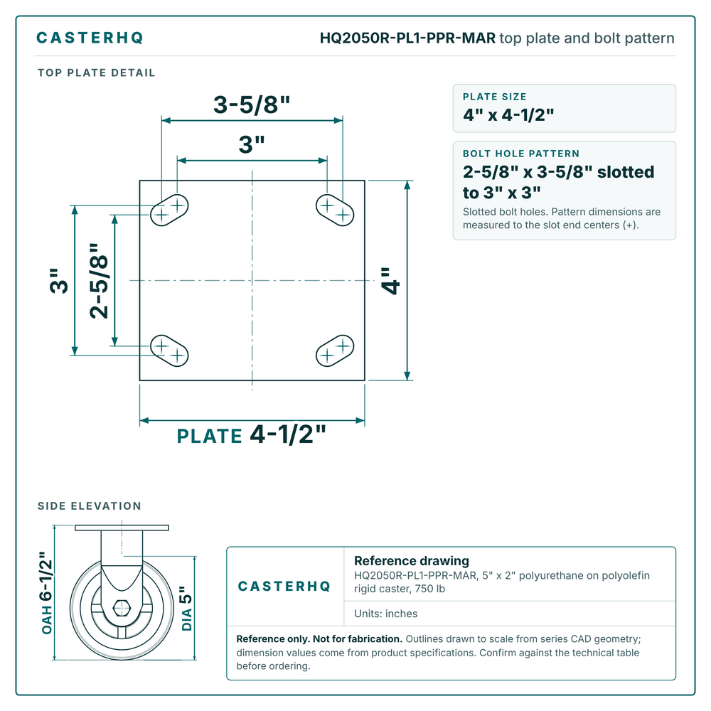 HQ2050R-PL1-PPR-MAR top plate bolt pattern drawing, 4 x 4-1/2 in plate, slotted bolt holes