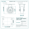 HQ2050R-PL3-DSR 5 x 2 in red ductile steel rigid caster reference drawing, side, front and top plate views with dimensions