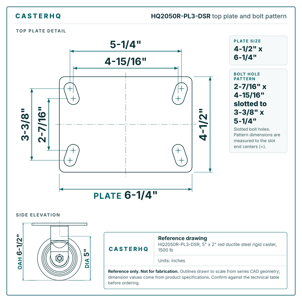 HQ2050R-PL3-DSR top plate bolt pattern drawing, 4-1/2 x 6-1/4 in plate, slotted bolt holes
