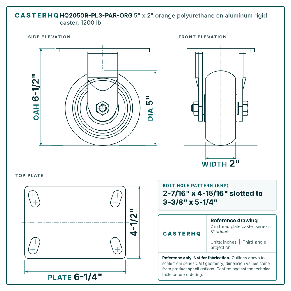 HQ2050R-PL3-PAR-ORG 5 x 2 in orange polyurethane on aluminum rigid caster reference drawing, side, front and top plate views with dimensions
