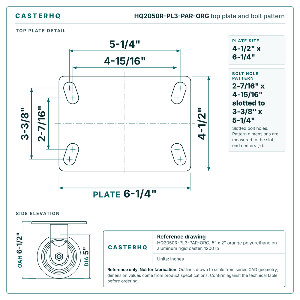 HQ2050R-PL3-PAR-ORG top plate bolt pattern drawing, 4-1/2 x 6-1/4 in plate, slotted bolt holes