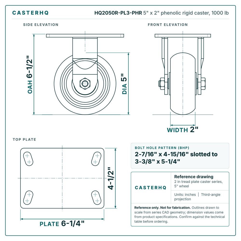 HQ2050R-PL3-PHR 5 x 2 in phenolic rigid caster reference drawing, side, front and top plate views with dimensions