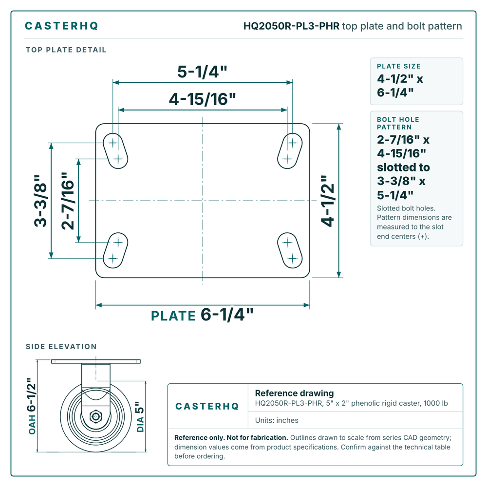 HQ2050R-PL3-PHR top plate bolt pattern drawing, 4-1/2 x 6-1/4 in plate, slotted bolt holes