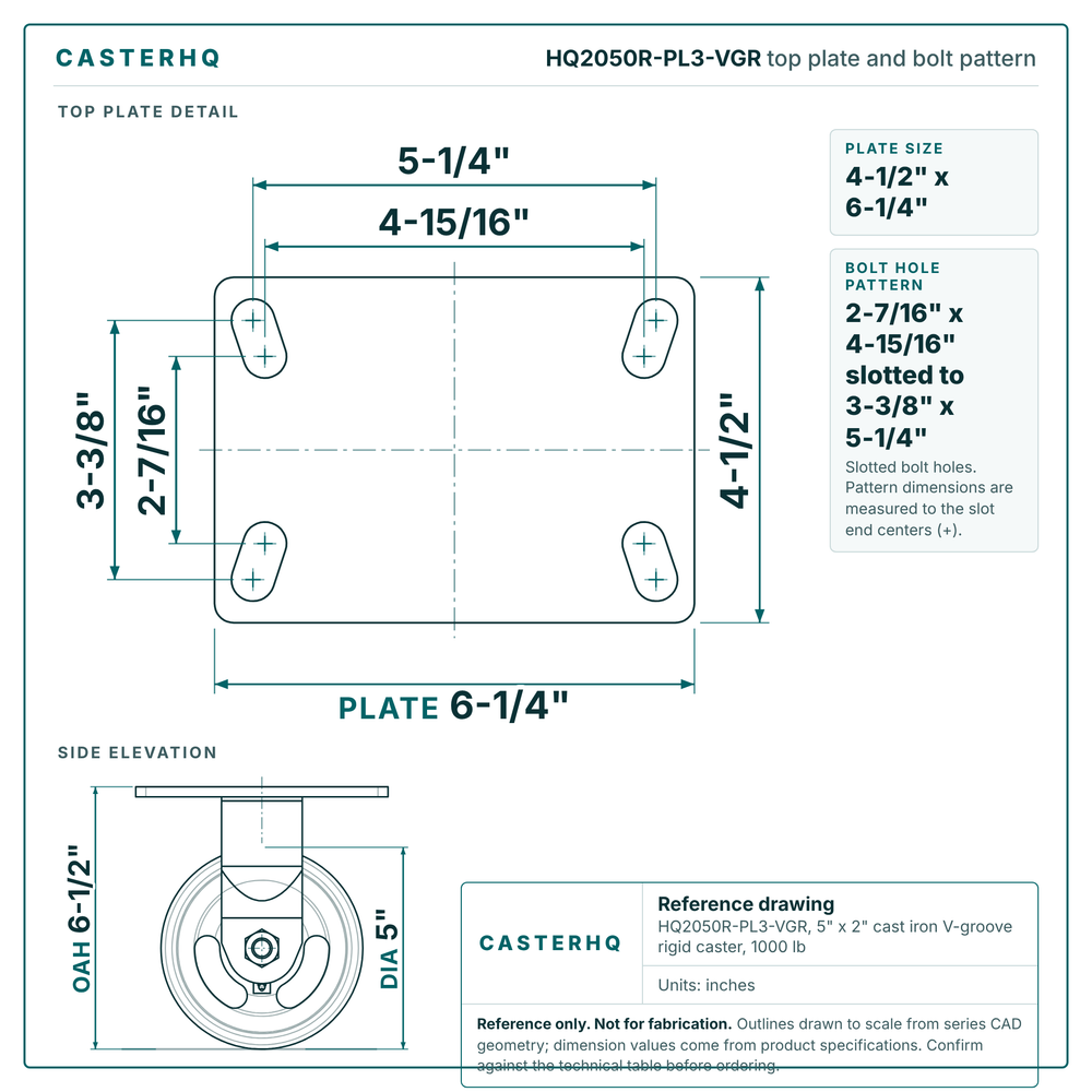 Top plate bolt pattern drawing, 4-1/2 x 6-1/4 in plate, 2-7/16 x 4-15/16 in slotted to 3-3/8 x 5-1/4 in, slotted bolt holes