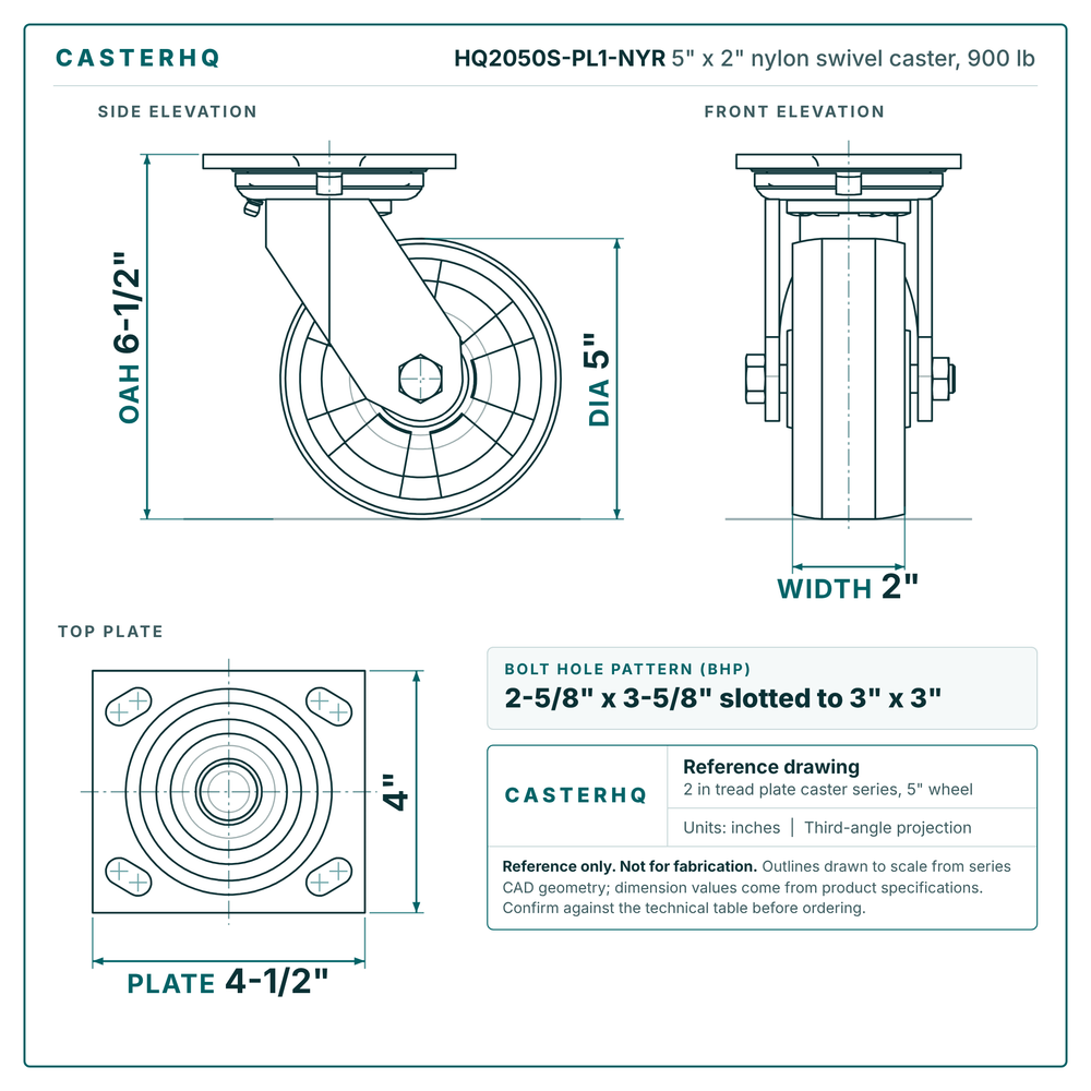 HQ2050S-PL1-NYR 5 x 2 in nylon swivel caster reference drawing, side, front and top plate views with dimensions