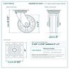 HQ2050S-PL1-NYR 5 x 2 in nylon swivel caster reference drawing, side, front and top plate views with dimensions