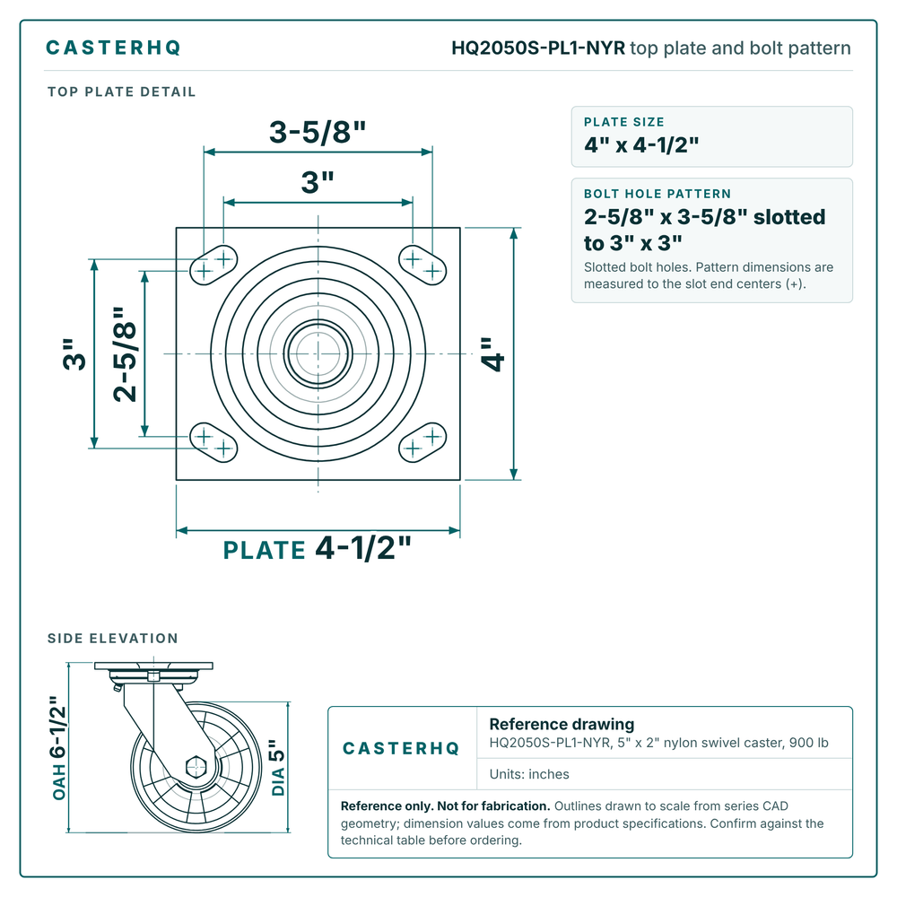 HQ2050S-PL1-NYR top plate bolt pattern drawing, 4 x 4-1/2 in plate, slotted bolt holes