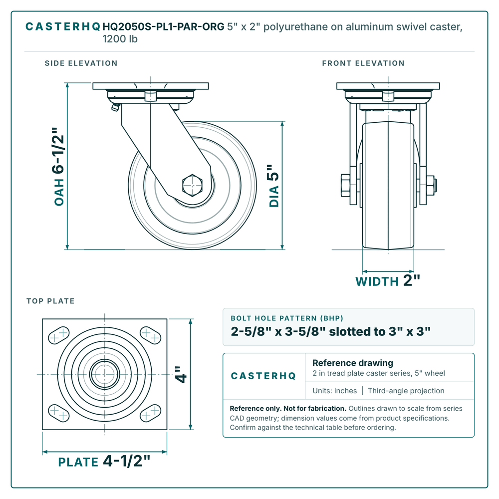 HQ2050S-PL1-PAR-ORG 5 x 2 in polyurethane on aluminum swivel caster reference drawing, side, front and top plate views with dimensions