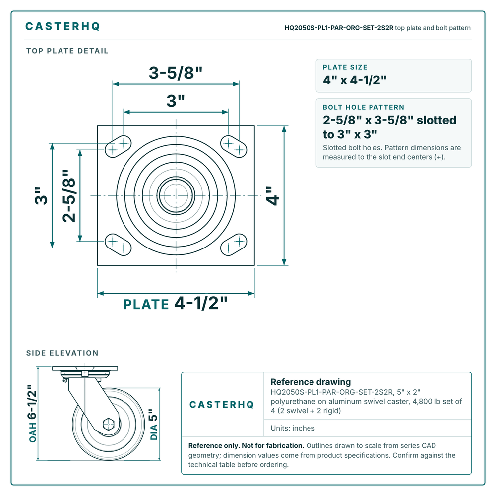 HQ2050S-PL1-PAR-ORG-SET-2S2R top plate bolt pattern drawing, 4 x 4-1/2 in plate, slotted bolt holes