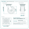 HQ2050S-PL1-PAR-ORG-SET-2S2R 5 x 2 in polyurethane on aluminum swivel caster reference drawing, 1,200 lb per caster (set of 4: 2 swivel + 2 rigid), side, front and top plate views with dimensions