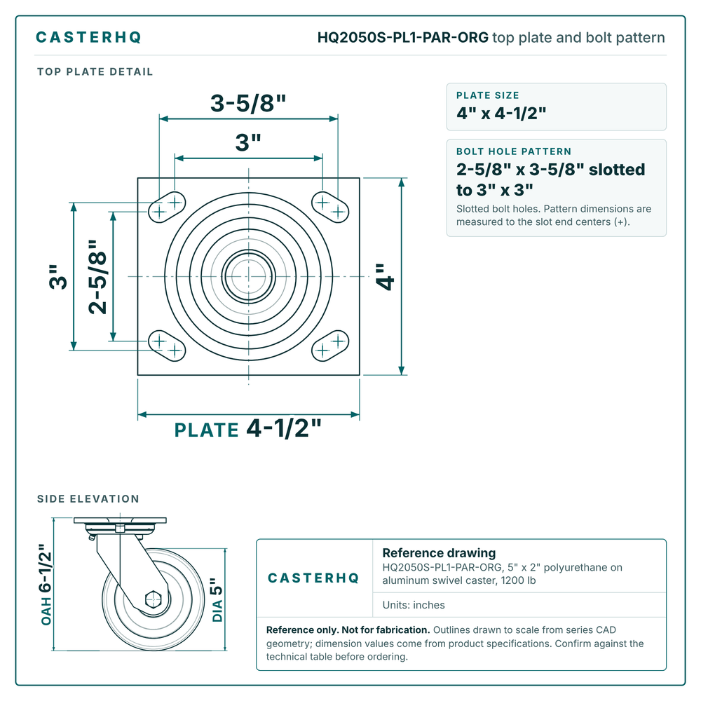 HQ2050S-PL1-PAR-ORG top plate bolt pattern drawing, 4 x 4-1/2 in plate, slotted bolt holes