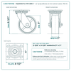 HQ2050S-PL1-PIR-GRN 5 x 2 in polyurethane on iron swivel caster reference drawing, side, front and top plate views with dimensions