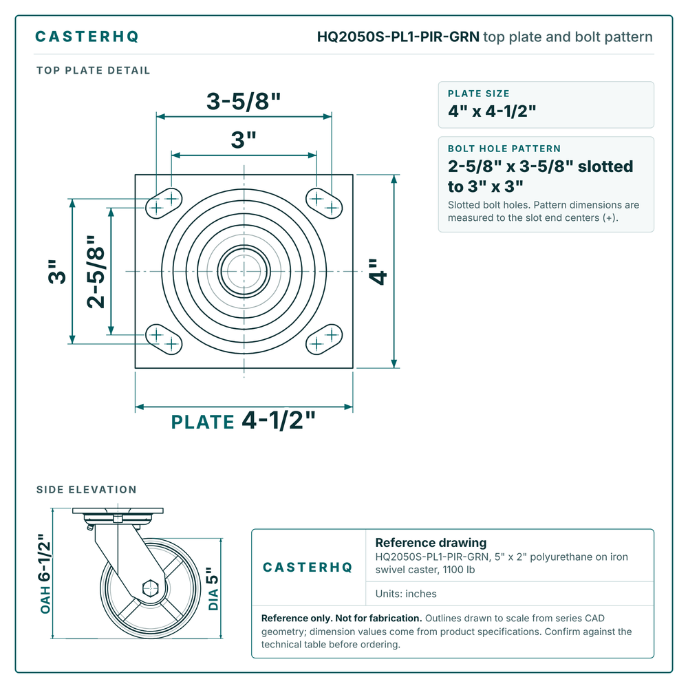 HQ2050S-PL1-PIR-GRN top plate bolt pattern drawing, 4 x 4-1/2 in plate, slotted bolt holes