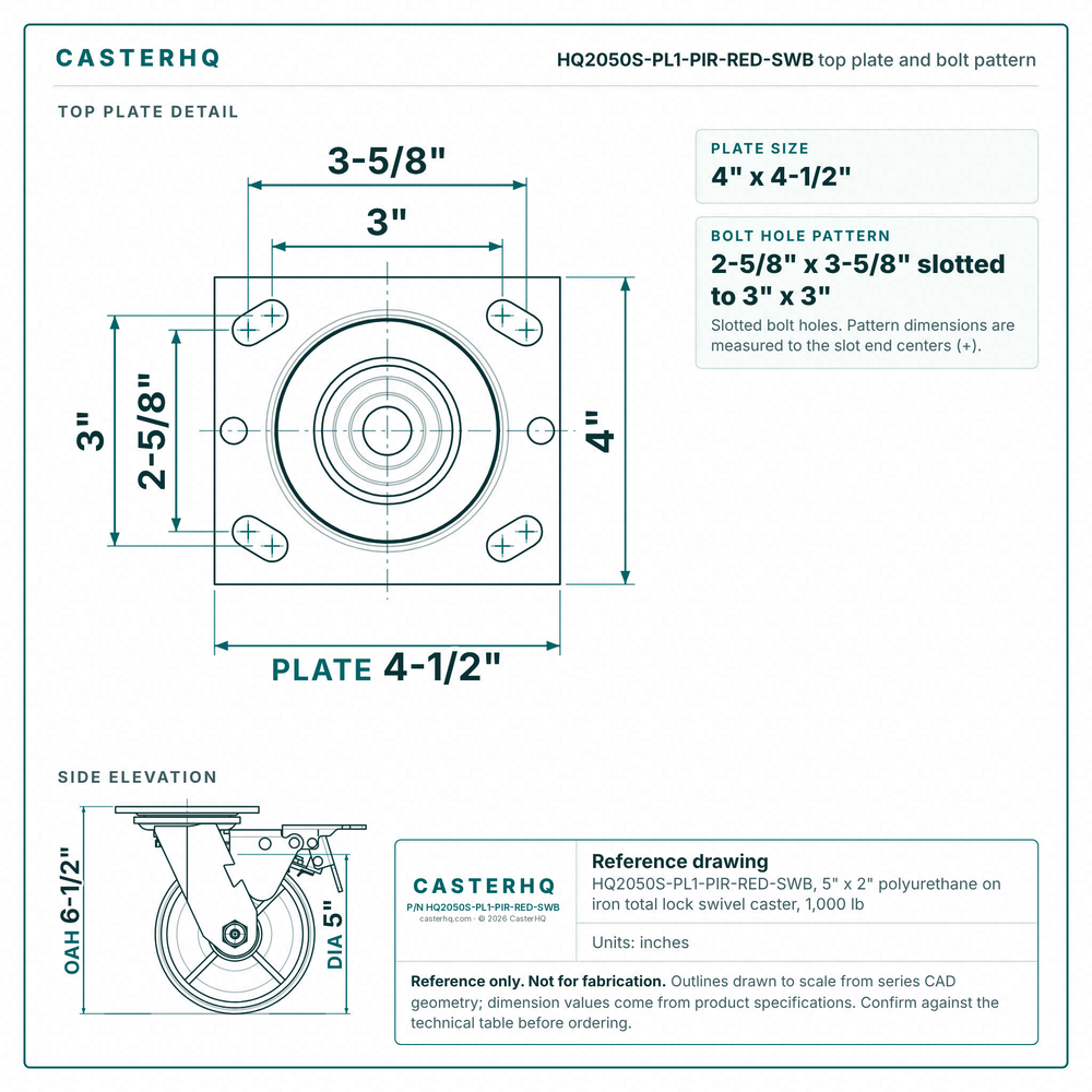 HQ2050S-PL1-PIR-RED-SWB top plate bolt pattern drawing, 4 x 4-1/2 in plate, slotted bolt holes