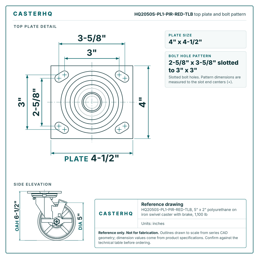 HQ2050S-PL1-PIR-RED-TLB top plate bolt pattern drawing, 4 x 4-1/2 in plate, slotted bolt holes