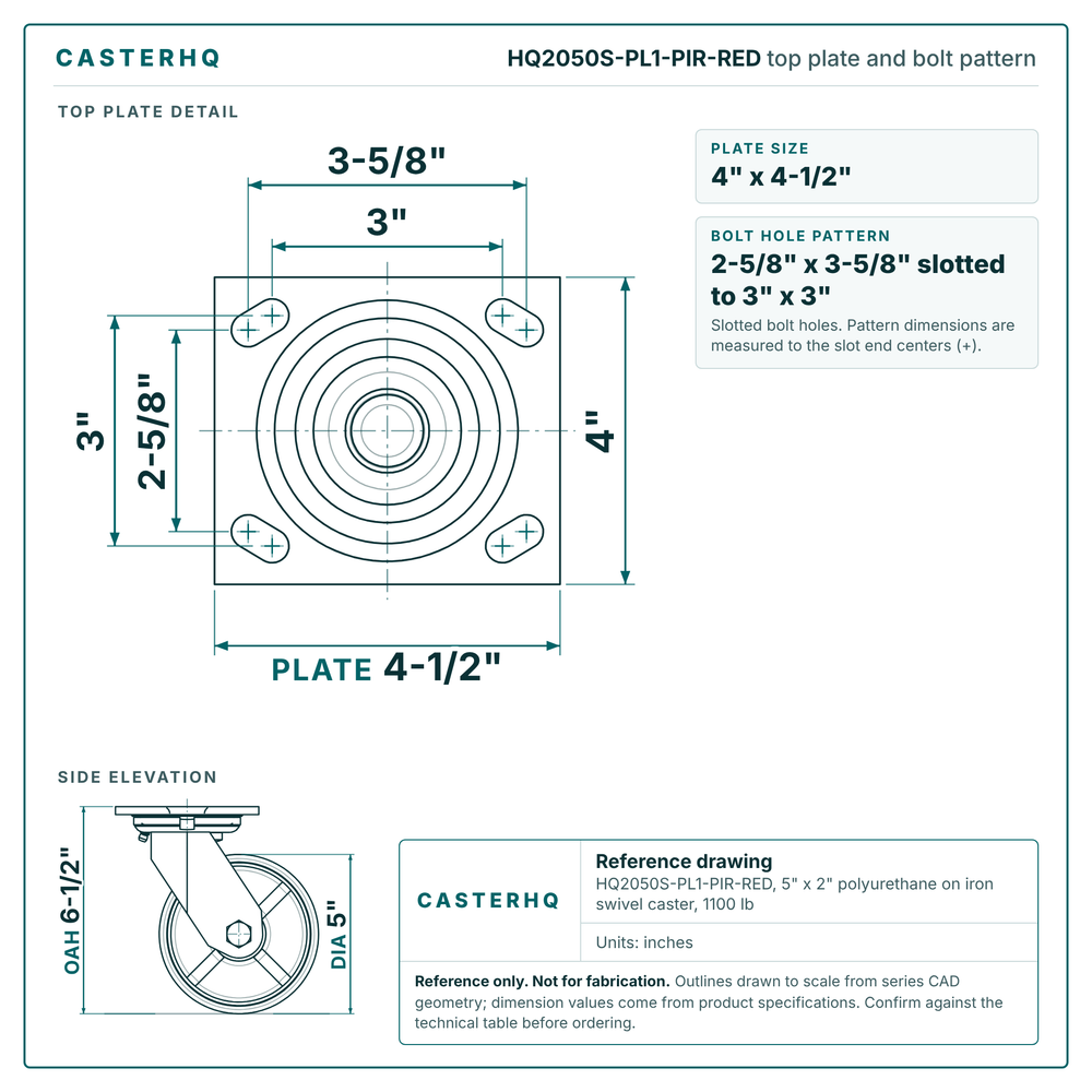 HQ2050S-PL1-PIR-RED top plate bolt pattern drawing, 4 x 4-1/2 in plate, slotted bolt holes